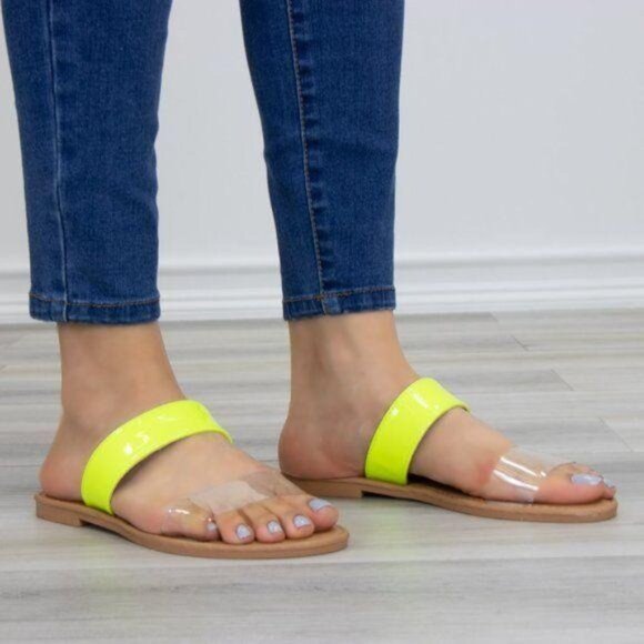 Neon & Clear Strap Sandals Flat Sole Slip-On - Picture 4 of 8